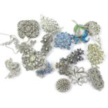 Various silver plated and paste stone set brooches, marcasite set brooches, necklace etc. (1 bag)