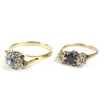 Two 9ct gold dress rings, to include a cluster ring set with aquamarine and white stone and a 9ct