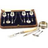 A collection of small silver etc., to include silver coffee spoons with tongs, napkin ring, silver