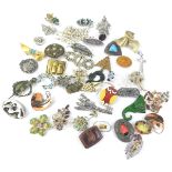 Various costume jewellery brooches, to include silver plated and enamel design portrait brooch,