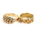 Two rings, one 9ct gold gentleman's ring with weaved detail and one other yellow metal, 15.6g.