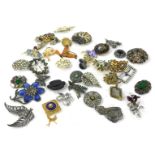 Various costume jewellery brooches, to include paste stone set floral brooches, 60s and 70s