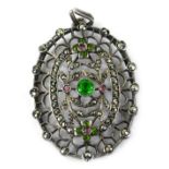 A Victorian style silver plated and marcasite set oval pendant, with green and pink set stones,