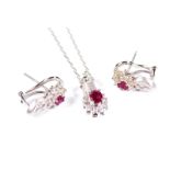A white gold diamond and ruby necklace and earring set, with club shaped pendant, 2cm H, attached to