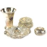 A collection of small silver plated items etc., to include a sovereign case applied with the crest