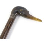 An Edwardian silver walking cane, the horn handle carved in the form of a duck's egg with amber