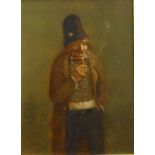 19thC Continental School. Gentleman smoking a pipe, oil on panel, 24cm x 17cm.
