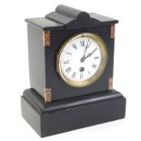 A French black slate and marble mantel clock, with a shaped top, the white enamel dial with Roman
