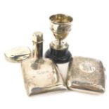 A collection of small silver, to include two cigarette cases, a silver cased scent bottle etc.