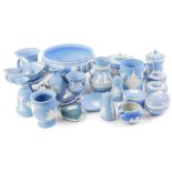 A large quantity of blue Wedgwood Jasperware, to include an egg, a bowl, cruet, box and cover etc.