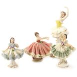 Four Dresden porcelain crinoline ladies, to include a ballet dancer on a flower encrusted base.