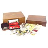 Two mahogany boxes and contents, to include an Ingersoll gem stainless steel wristwatch, brooches,