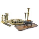 A collection of items, to include a mahogany tray, small three draw telescope, brass pewter