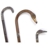 Three late 19thC/early 20thC walking canes, one carved with a head of a swan and with a silver