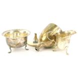 A collection of small silver, to include a cream jug with shaped feet, similar sugar bowl and a