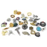 Various costume jewellery brooches, to include a characters brooch, Art Deco style floral paste