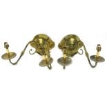 A pair of Dutch style two branch wall lights, each with a cartouche shaped back plate, 36cm W.