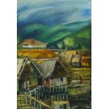 D J Bowers. Borneo Village, oil on board, signed, dated (19)66 and titled verso, 120cm x 75cm.