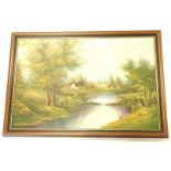 Enderby. River landscape with cottage, oil on canvas, 60cm x 90cm.