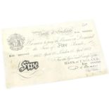 A white 5 note from 15th April 1952, Chief Cashier P S Beale, number X54, 98060