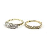 Two dress rings, to include a silver and white sapphire set five stone ring, with heart and circle