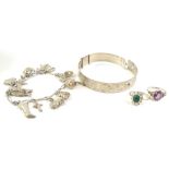 Various silver and silver plated jewellery, to include a silver charm bracelet, silver bangle and