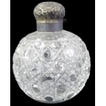 An Edwardian cut glass scent bottle, of globular form, with silver collar and mount, Birmingham