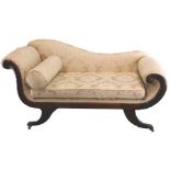A 19thC mahogany small chaise lounge, upholstered in green damask fabric, with a bolster and a squat