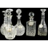 Five decanters and stoppers, each with a Crown Staffordshire label for Brandy, Gin (2), Sherry and