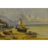 Maria M. Lathbury (19thC). Coastal scene with fishing boats, watercolour, signed, 26cm x 38.5cm.