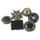 Various Victorian brooches, to include two raised gilt work brooches, bullseye agate set brooch,