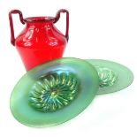 A large two handled Ruby tinted glass vase by Martinuzzi for Venini, and two MVM Cappellin bowls. (