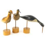 Three Global Village carved wooden models of wading birds, 29cm H.