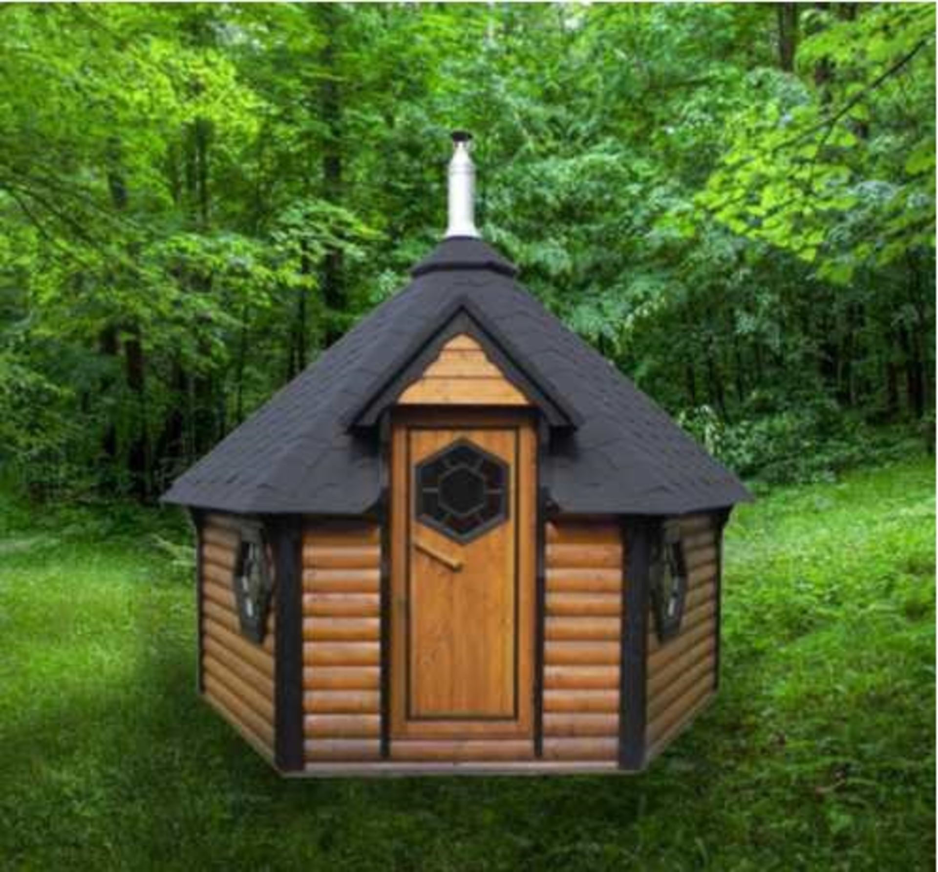 V Brand New 9.2m sq 6 Corner Spruce Sauna Cabin with 9KW Electric Heater - Pallet Dimesions 2.4 x