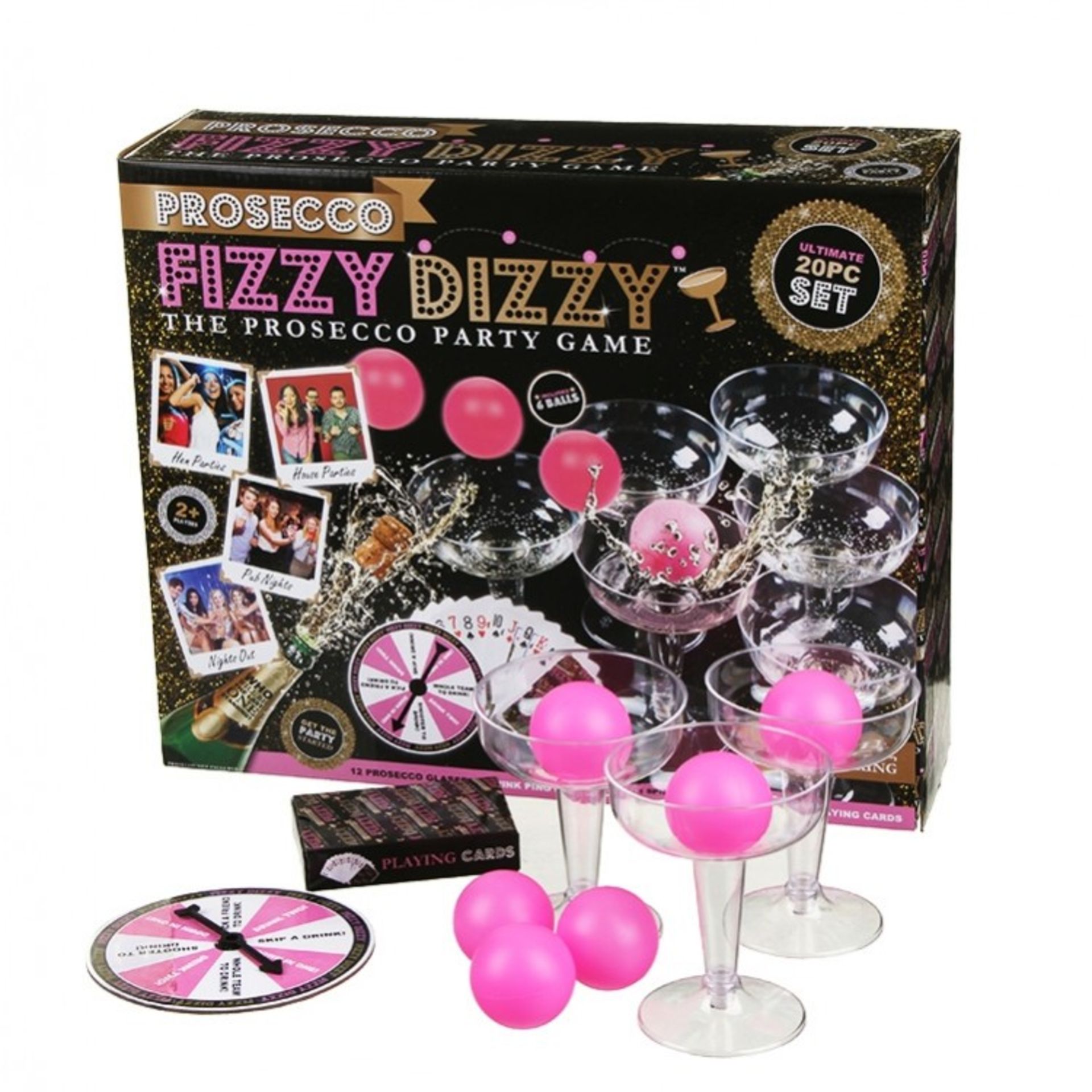 V Brand New Ultimate 20pce Fizzy Dizzy Prosecco Party Game-Includes Prosecco Glasses-Pink Ping