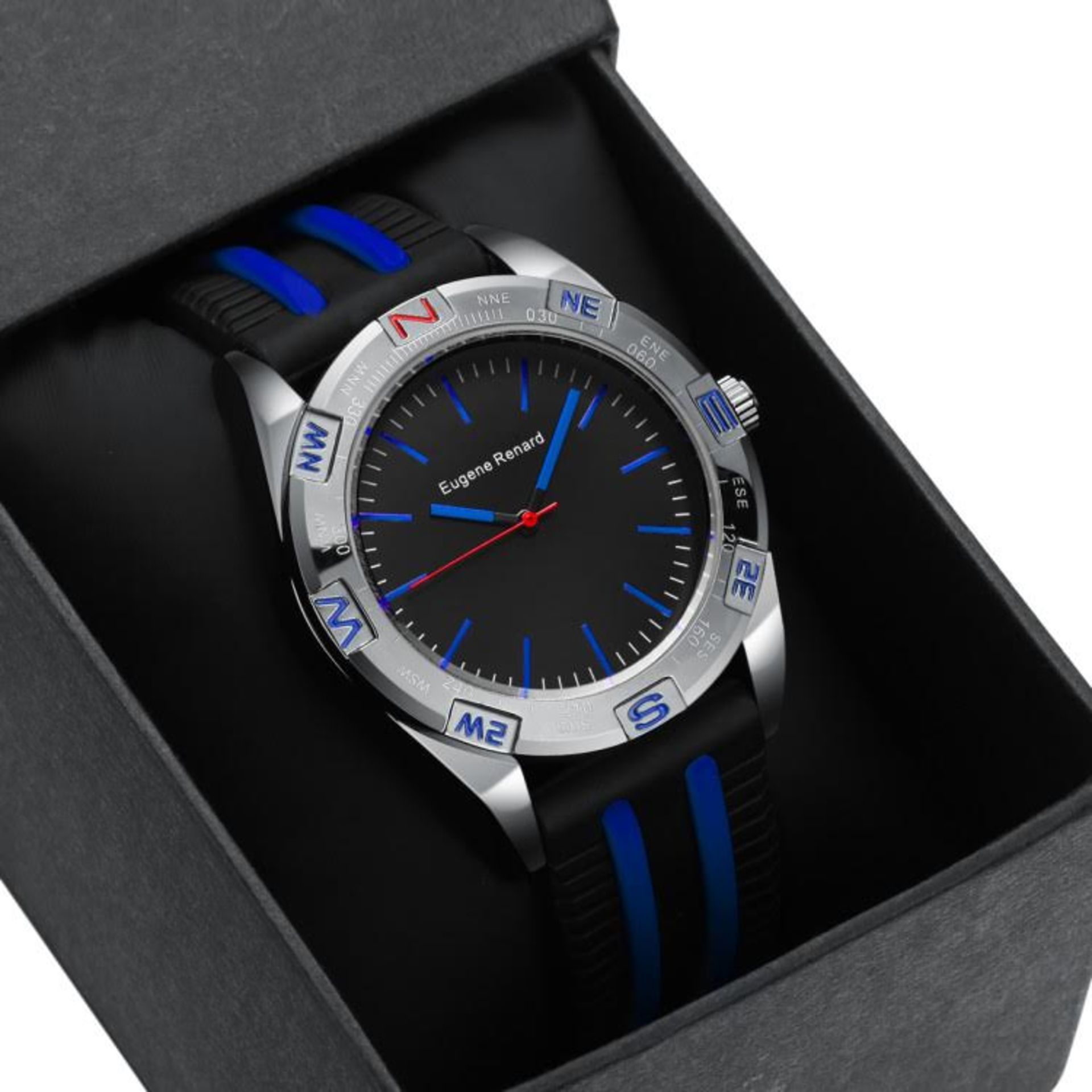 V Brand New Gents Eugene Renard Timepiece Model X - Black Face - Blue Indices - Blue/Black Sports