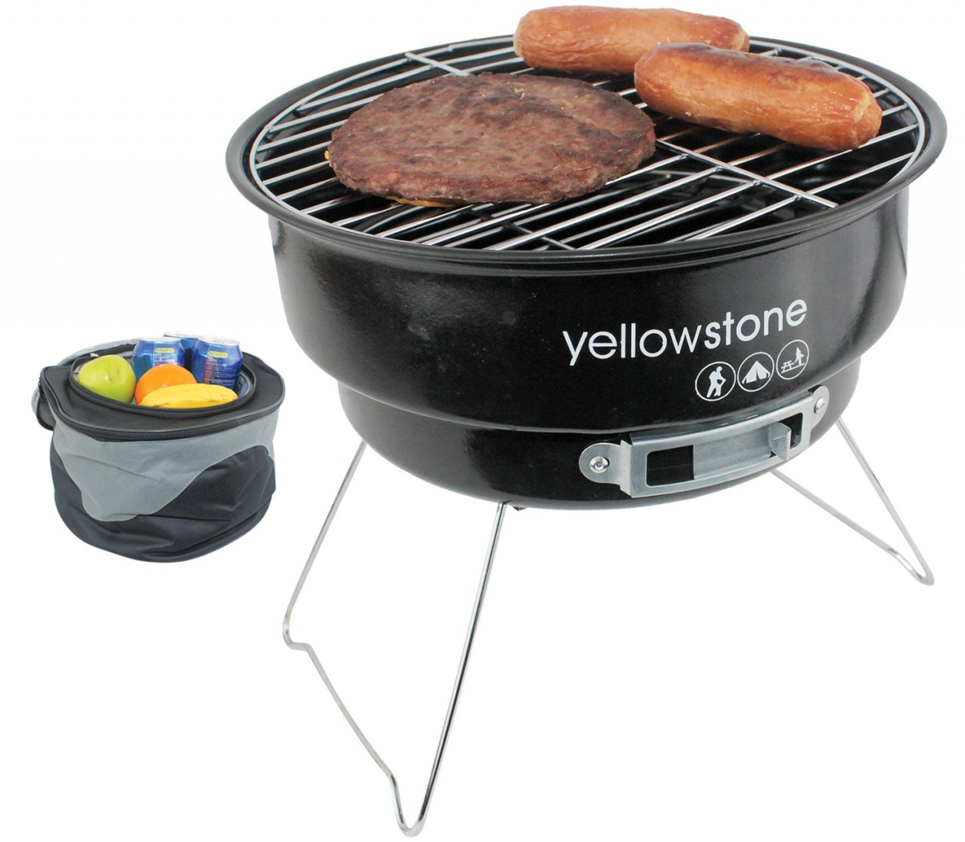 V Grade A Round Folding BBQ with Cooler Bag - Enamelled Steel Fire Bowl with Built In Vents -