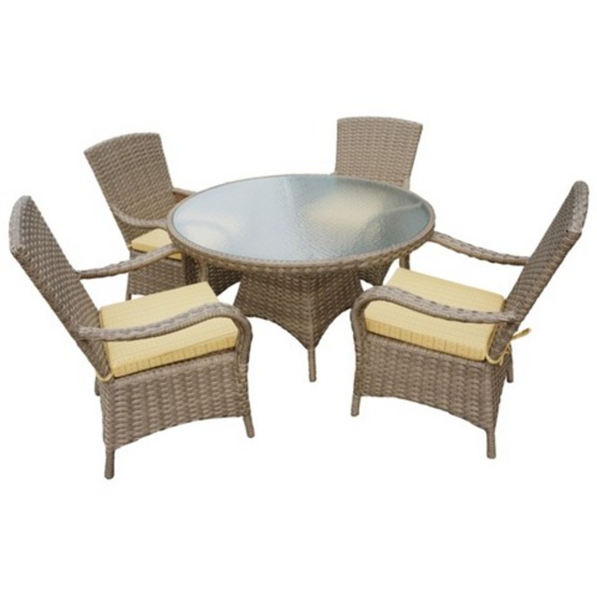 V Brand New BEIGE RATTAN ROUND 120CM TABLE SET WITH 4 CHAIRS & LUXURY OUTDOOR PERFORMANCE CUSHIONS