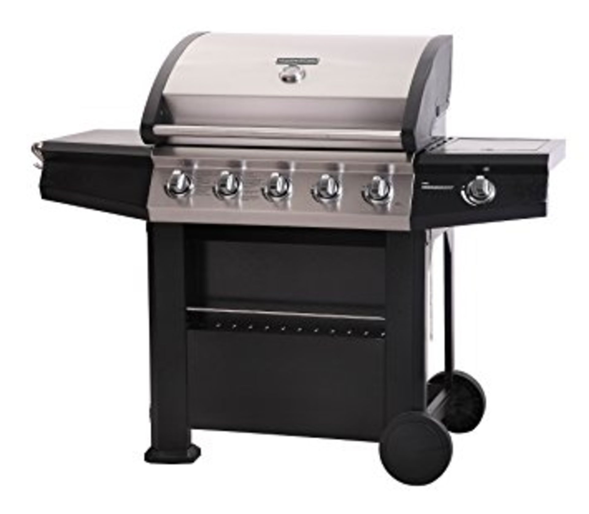 V Brand New Black Connoisseur 600 Deluxe 5 Burner Gas BBQ With Stainless Steel Hood And Sliding Side