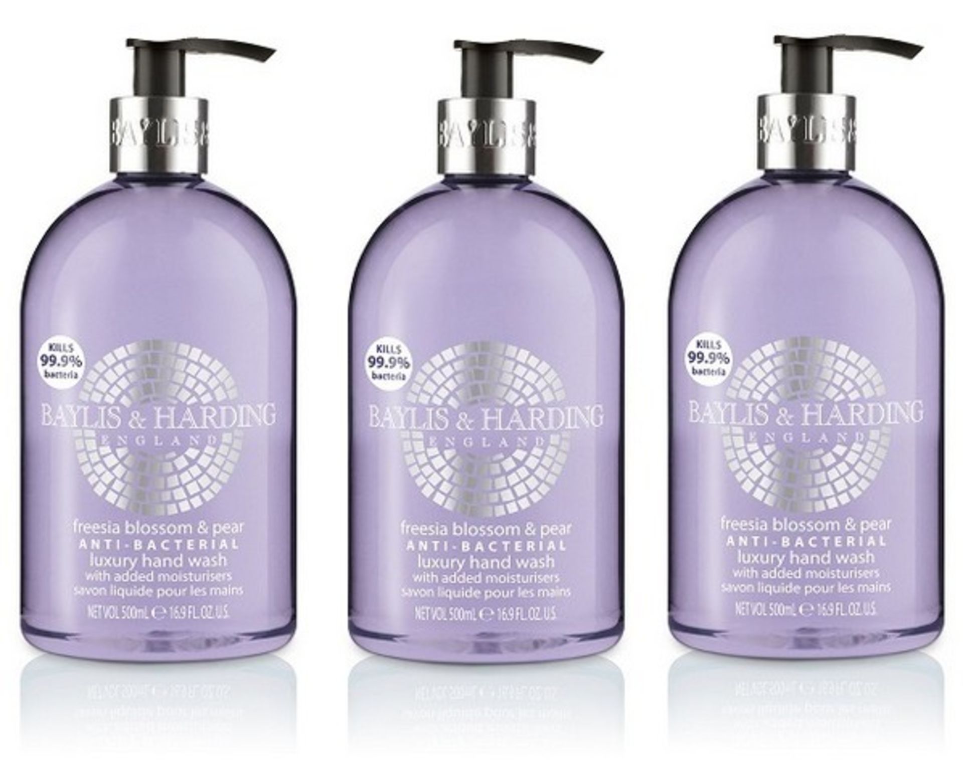 V Brand New 3 Pack Baylis & Harding Freesia Blossom & Pear 500ml Anti-Bacterial Luxury Handwash With