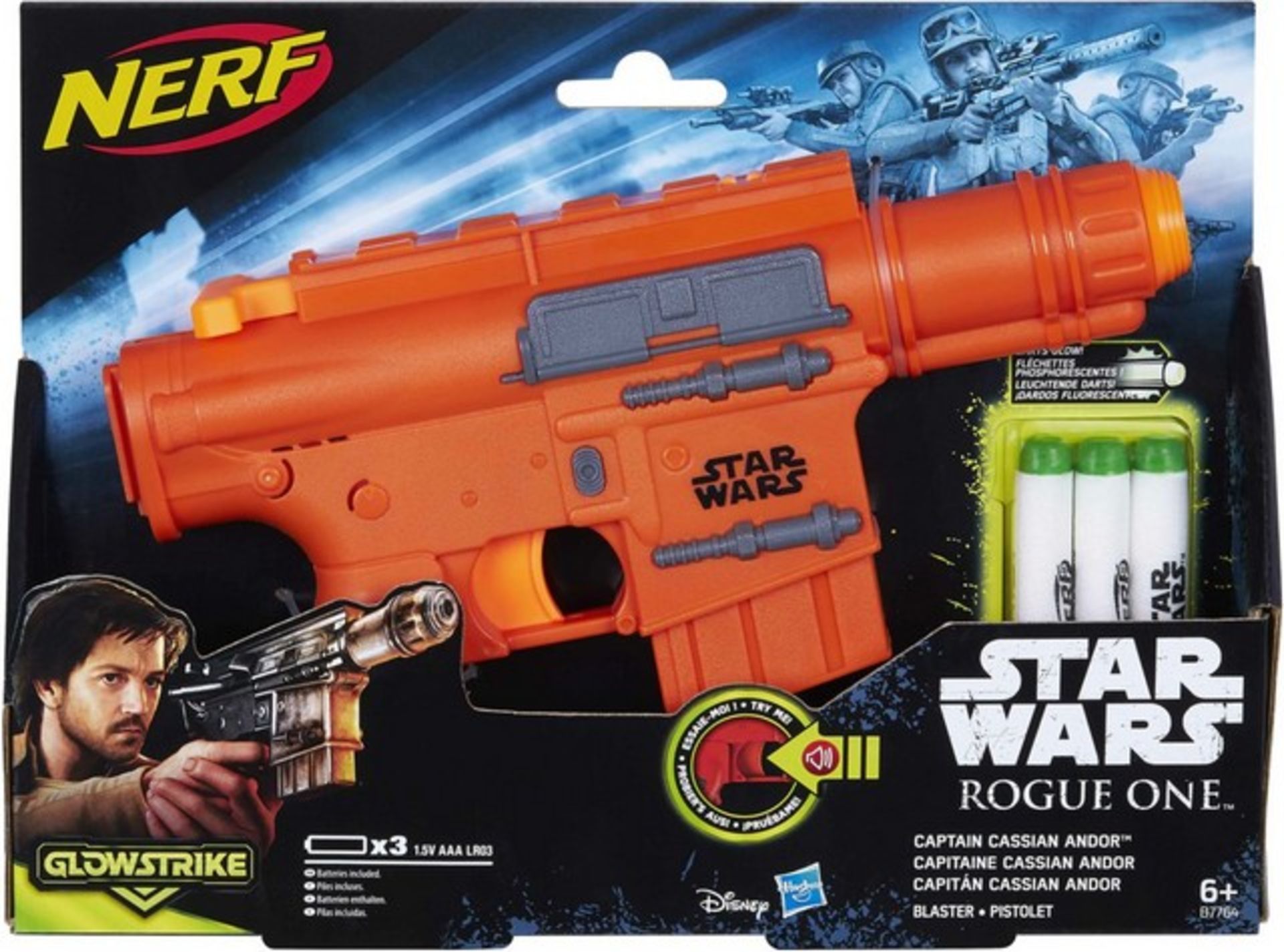 V Brand New Star Wars Rogue One Captain Cassian Andor Nerf Gun (Blaster Pistol) With 3 Glowing Darts