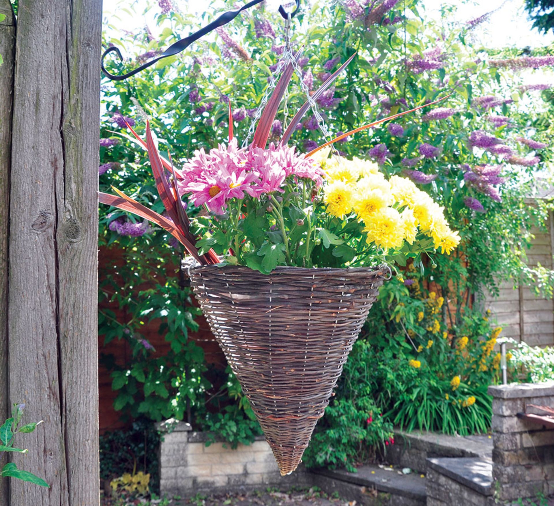 V Brand New 30cm Dark Rattan Cone Hanging Basket & Chain