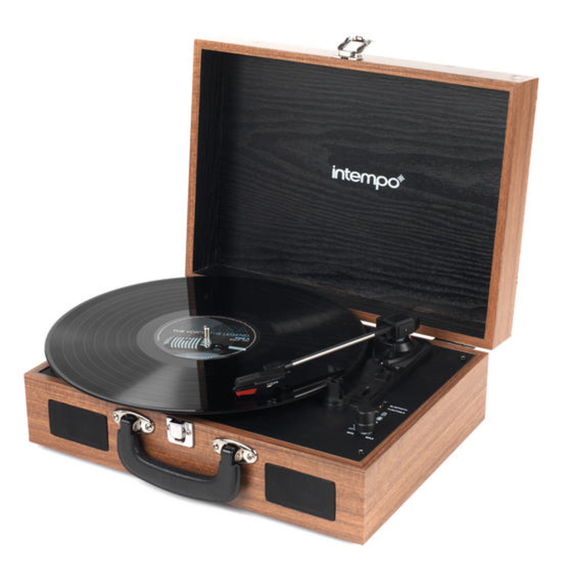 V Brand New Intempo Portable Bluetooth Wooden Turntable with 2 x 3W Built in Speakers - Easy to