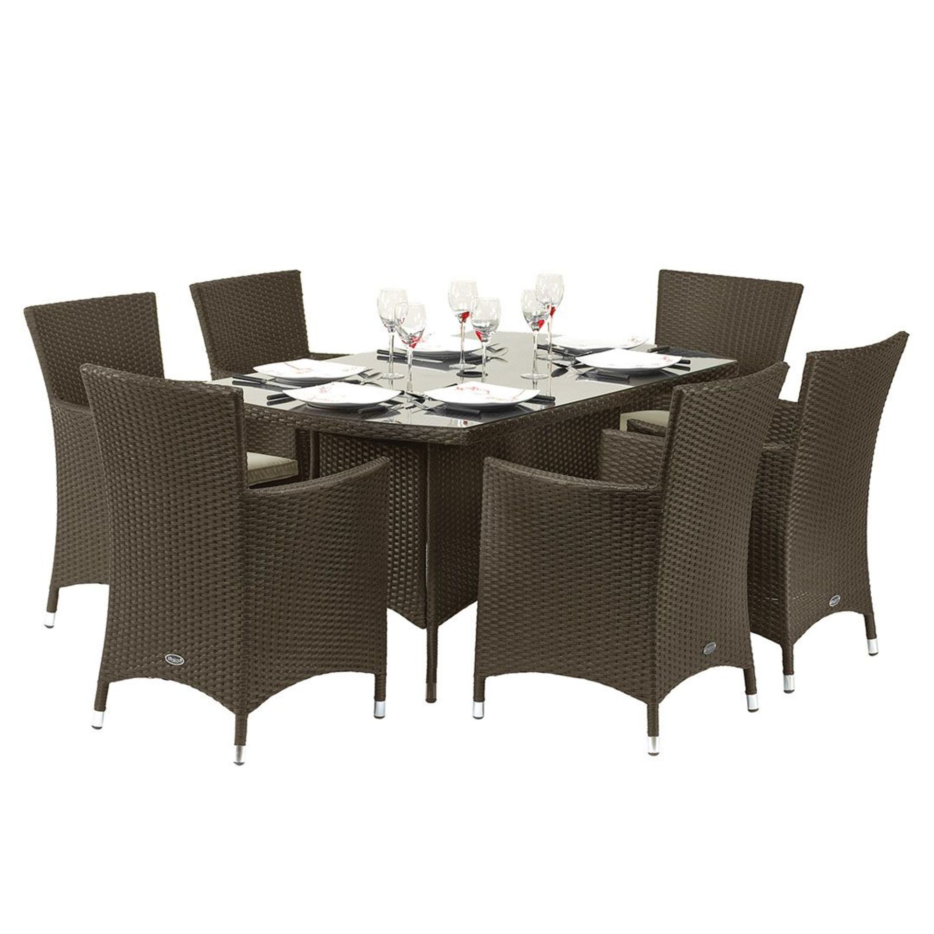 V Brand New Cannes 6 Seat Outdoor Dining Set With 140cm Table & 6 Carver Chairs With Cushions -