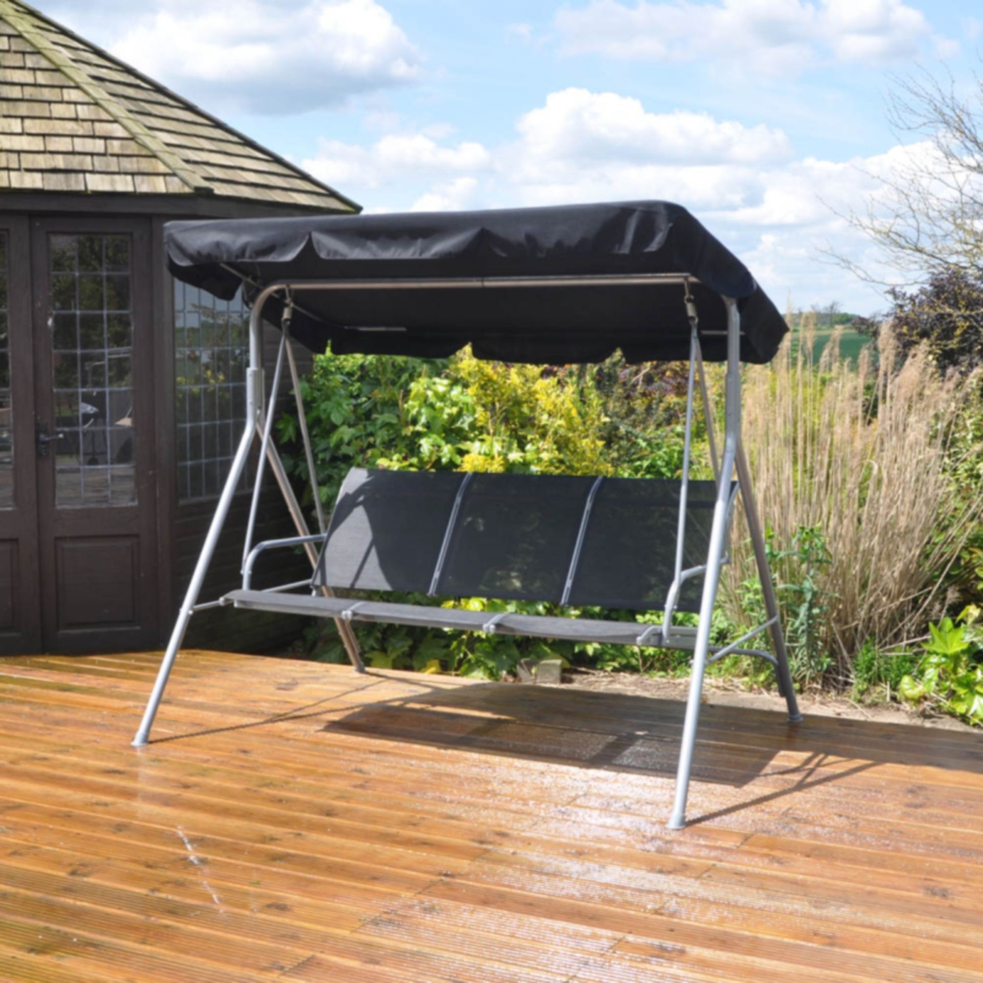 V Brand New Three Seater Powder Coated Silver Grey Swinging Hammock With Canopy And Black Textile