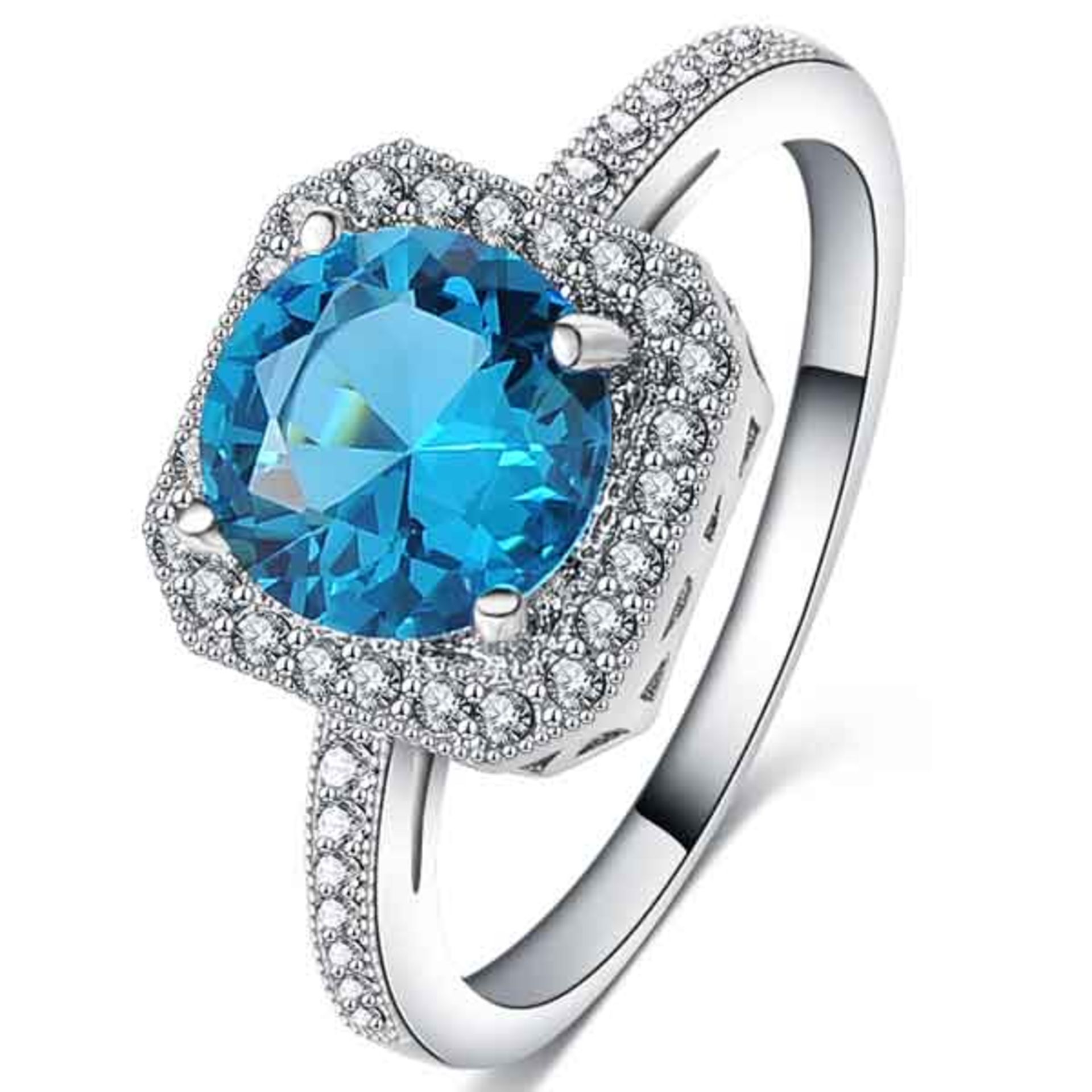 V Brand New Platinum Plated Blue Crystal Cocktail Ring