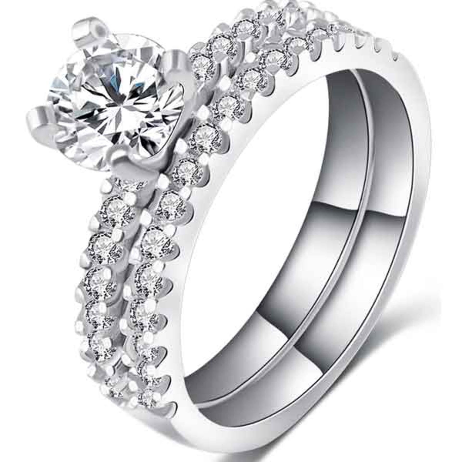 V Brand New White Gold Plated and CZ Engagement Ring Set