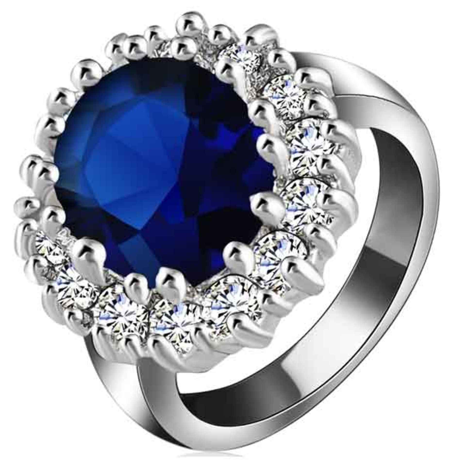 V Brand New Platinum Plated Large Blue Stone Ring