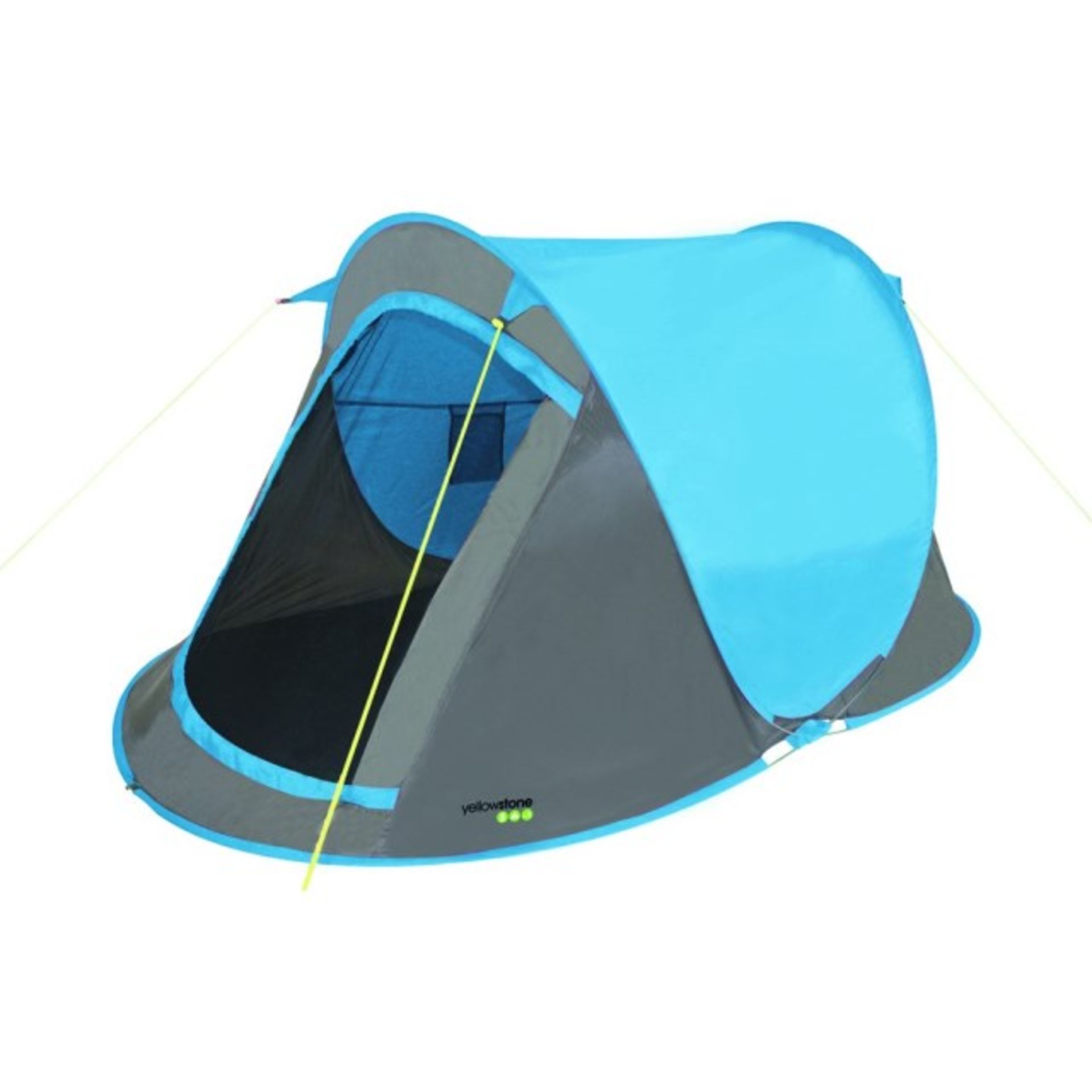 V Brand New Blue Fast Pitch Pop Up 2 Man Tent with Hi Viz Guy Ropes