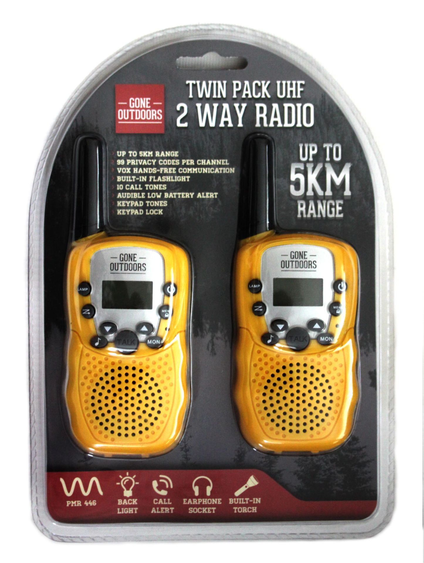 V Brand New Gone Outdoors Twin Pack UHF 2 Way Radio - Up to 5KM Range - Back Light - Call Alerts -